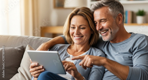 Mature couple using a digital tablet together on a sofa at home