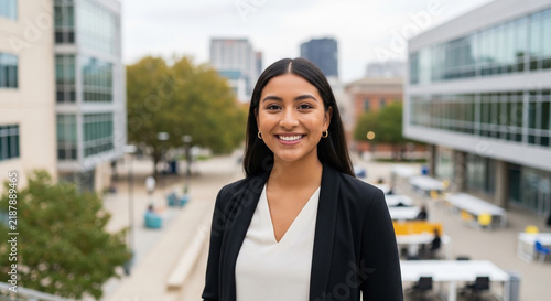 Young professional woman smiling outdoors in a modern business campus setting