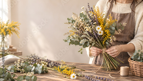 Florist Arranging a Natural Wildflower Bouquet on a Rustic Wooden Table