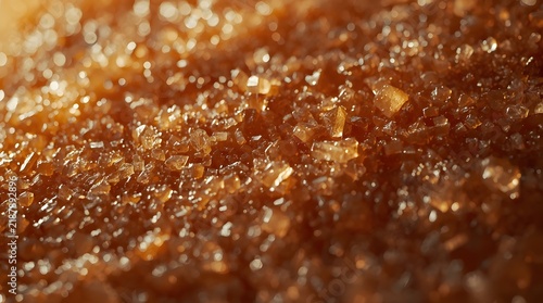 A cinematic macro perspective captures the shimmering beauty of raw brown sugar granules, their warm, golden-brown hues and crystalline forms creating an inviting textured background