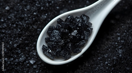 Cinematic overhead extreme macro of gourmet black lava salt crystals displayed in a minimalist white porcelain spoon