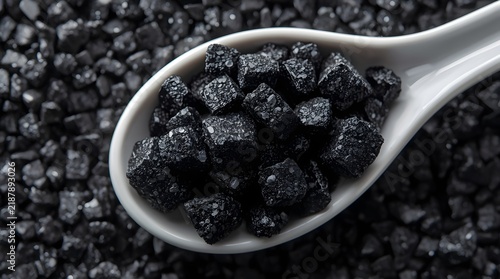 Dramatic overhead macro photograph of glistening black volcanic salt crystals carefully displayed on a pristine white spoon, emphasizing their rich texture and culinary charm