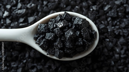 Moody cinematic close-up photo of coarse black lava salt crystals in a white ceramic spoon with dark, textured background
