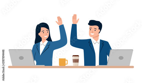 Successful Project Deal, Victory Goal Achievement. Business Colleagues Giving Highfive in Office. Businesspeople Rejoice for Good Job. Cartoon Vector Illustration