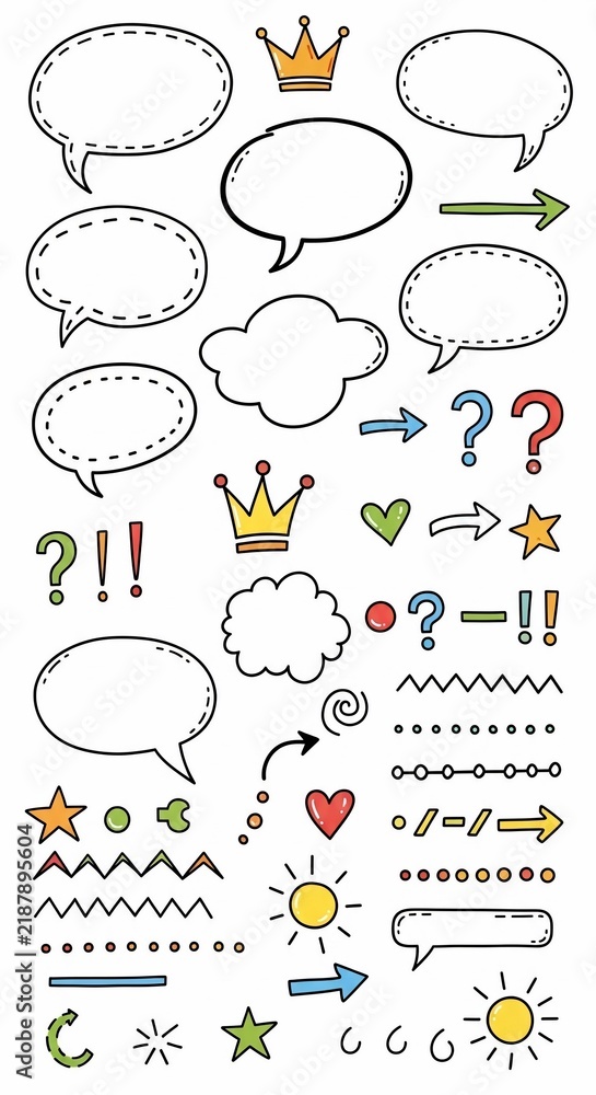 Fototapeta premium Speech bubbles, crowns, hearts, suns, question marks, arrows, and punctuation symbols in a doodle art style, isolated on white.