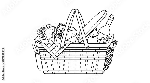 Minimalist wicker picnic basket line art illustration