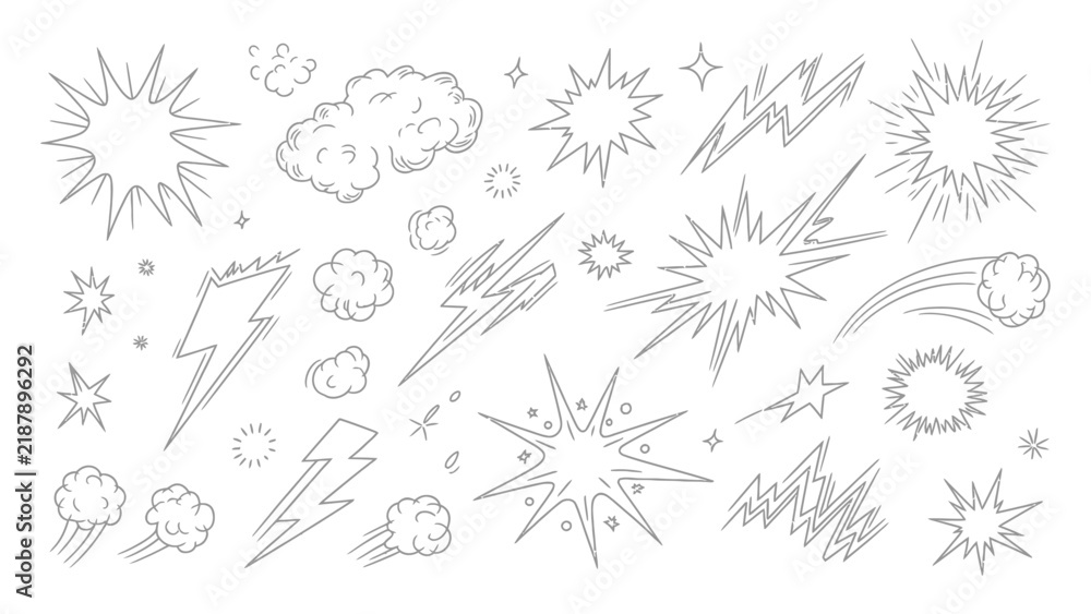 Obraz premium Comic book style explosions and lightning bolt vector graphics set for dynamic action scene illustration with elements
