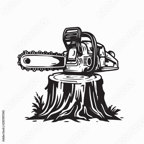 Chainsaw Placed on Tree Stump in Natural Forest Environment