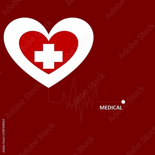 Medical Heart Icon With Cross And ECG Line On Red Background.