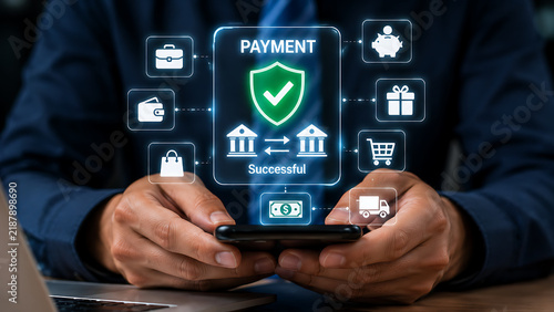 Successful secure payment transaction via mobile phone app with digital icons.