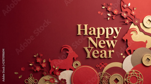 Festive flat lay concept: rich crimson background, warm cream, gold, flower branches, Year of the Goat.