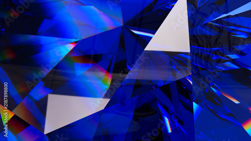 Abstract composition of deep blue polygonal fragments, reflective surfaces and luminous highlights with a futuristic digital style.