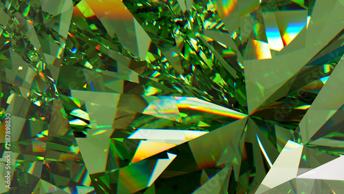 Фотография Abstract macro view of a faceted green gemstone with rainbow refractions, sharp geometry, and luxurious crystalline brilliance