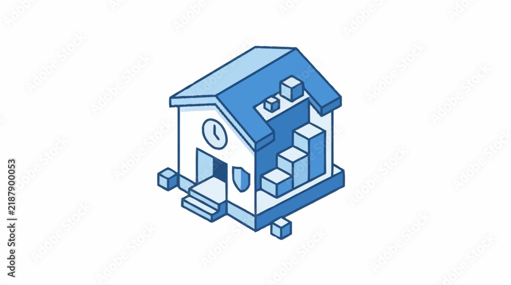 Fototapeta premium Isometric illustration of a financial building with growth charts and security shield.