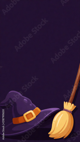 Halloween witch hat and broom background