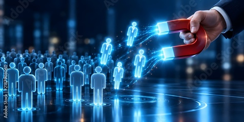 A hand using a horseshoe magnet to attract glowing digital person icons, symbolizing talent acquisition, customer recruitment, and lead generation in business.