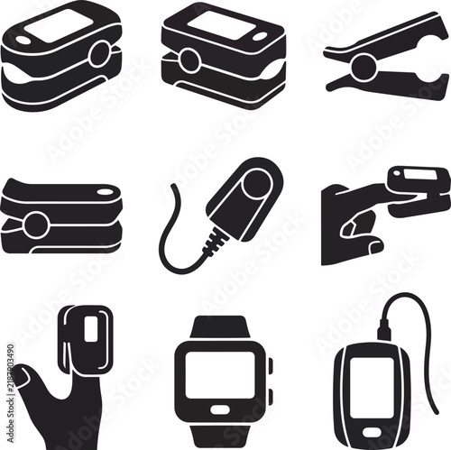A comprehensive set of medical pulse oximeters and health monitoring devices presented as clear graphical symbols to help practitioners design informative patient assessment materials easily