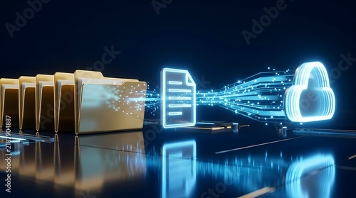 Futuristic digital data migration concept showing golden folders transferring files to a glowing blue cloud storage system.