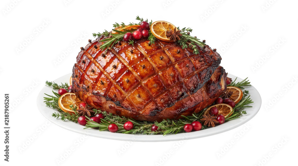 © Jahid - A glazed Christmas holiday ham with cloves and oranges isolated on transparent background. Ideal for festive menu and gourmet winter feast advertising.