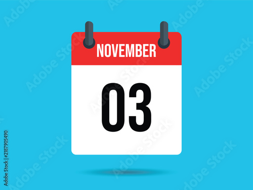 Flat Wall Calendar with Third of November on Light Blue Background