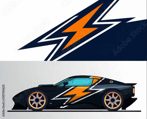 Orange Lightning Bolt Racing Decal Graphic For Black Sports Car