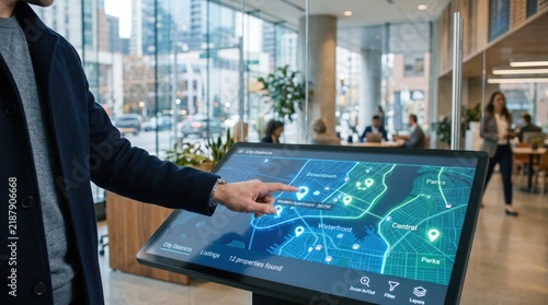 Man interacting with large touchscreen display showing digital city map and real estate listings, smart city technology, urban planning interface, property search application