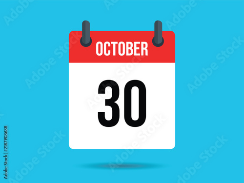 Фотография October 30th Calendar Flat Design, Red Header, White Body, Black Text, Blue Back