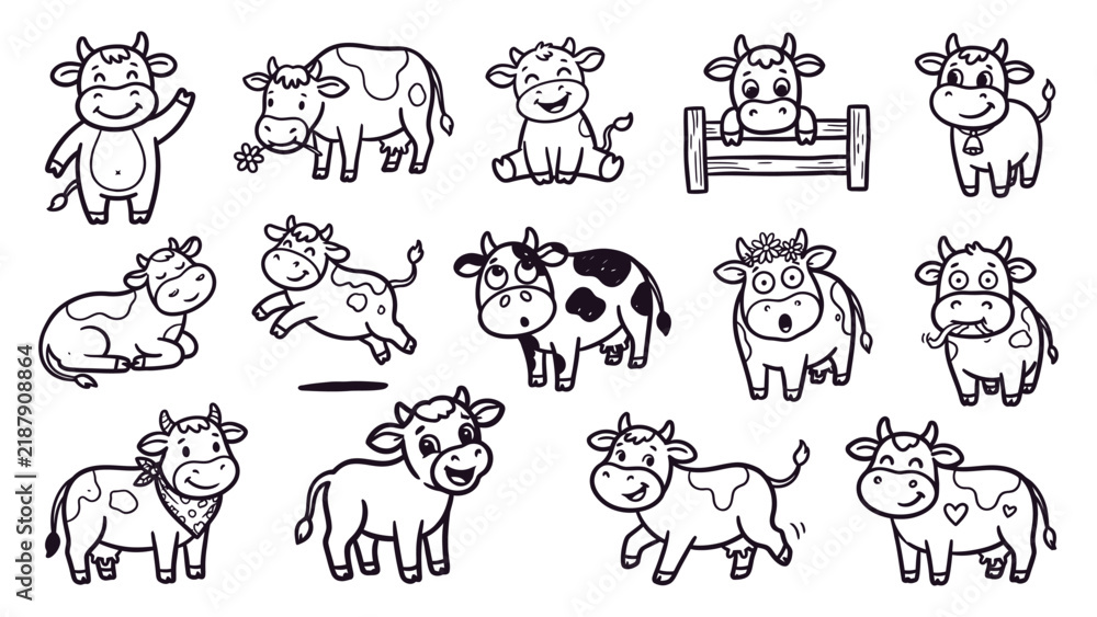 Obraz premium Cute Cow and Calf Hand Drawn Doodle Set – Naive Farm Animal, Dairy and Livestock Vector Illustration