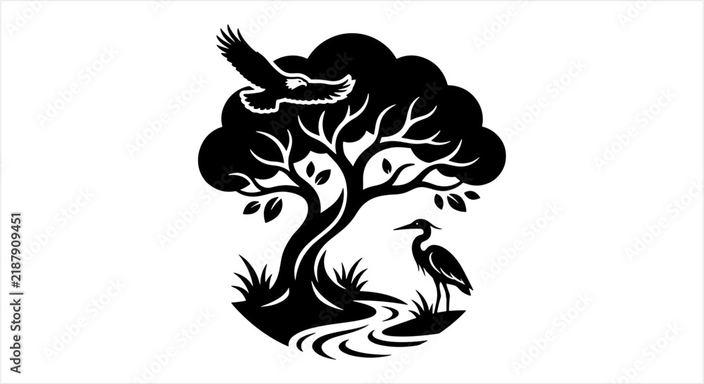 Fototapeta premium Stylized Silhouette of Nature Scene with Birds and Tree.