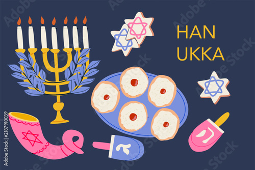 Cuadro en lienzo Festive Hanukkah banner featuring a decorative horn, menorah, colorful dreidel, Stars of David and beautifully decorated cookies with Star of David motifs and Latkes
