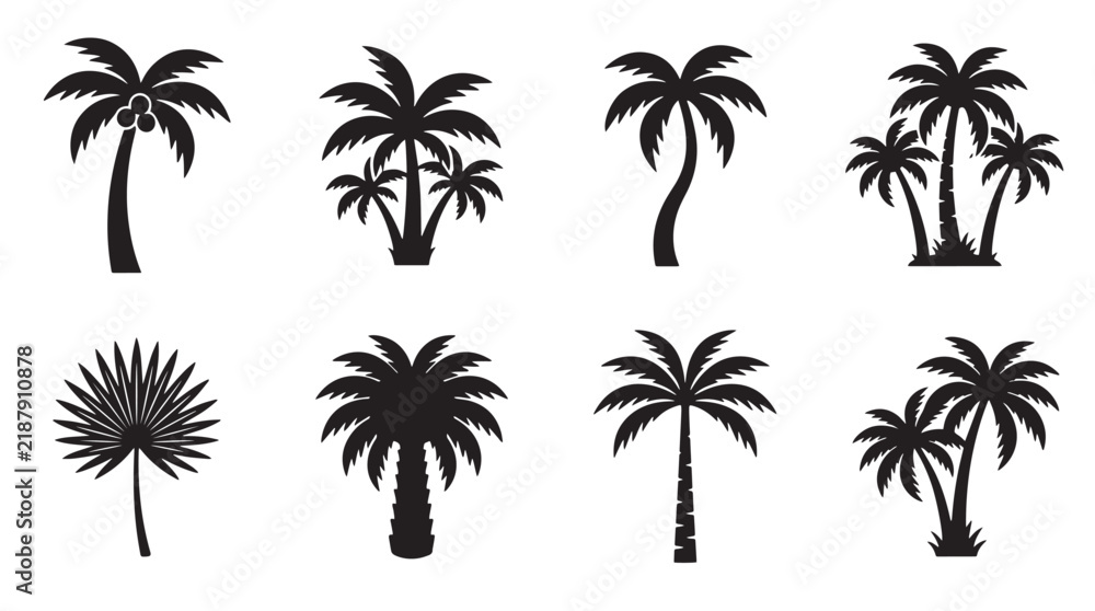Naklejka premium Collection of Tropical Palm Tree Silhouettes Vector Set Isolated on White