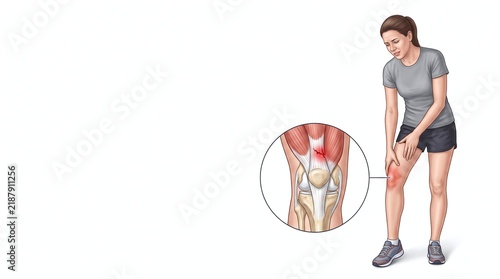 Female experiencing knee pain with close up illustration showing muscle tear near the kneecap