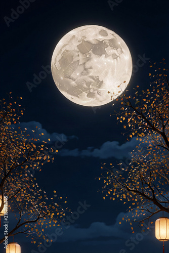 Full moon above glowing lanterns and autumn trees creates a serene Asian moon festival atmosphere against a deep blue night sky