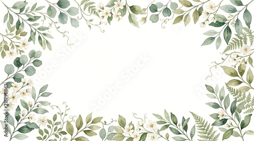 Watercolor green leaves and white flowers frame border on white background