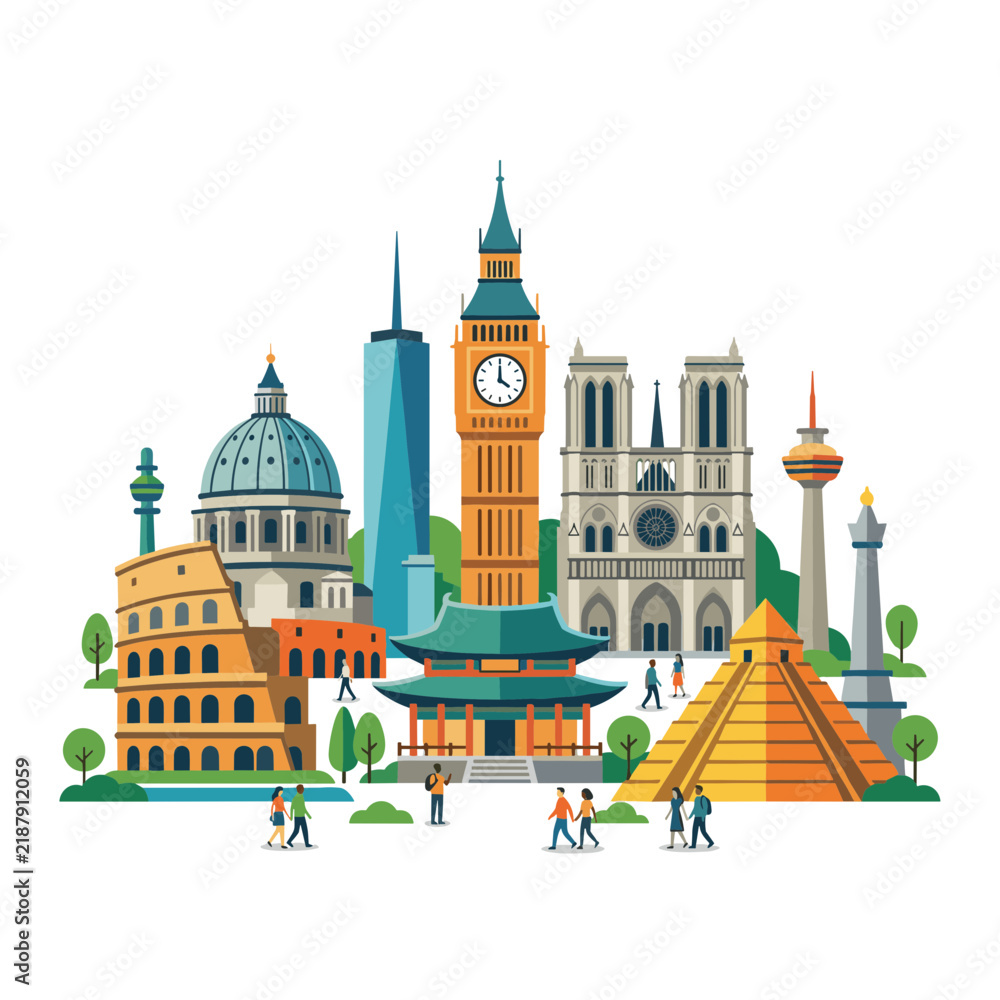 Obraz premium Flat vector illustration featuring global landmarks including the Roman Colosseum, London's Big Ben, Notre Dame, New York's Freedom Tower, and Chichen Itza with diverse tourists walking.