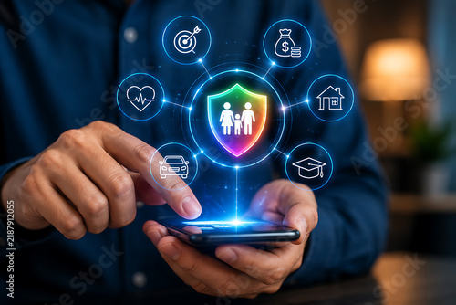 Smartphone displays shield with family icons surrounded by life, car, home, education, and money symbols for comprehensive insurance.