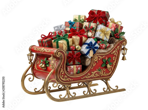 A classic ornate red Christmas sleigh overflowing with festive wrapped presents, isolated on transparent background. Perfect for holiday marketing and seasonal greeting card design.