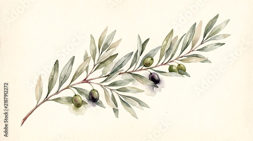 Watercolor olive branch painting with green fruits on paper background