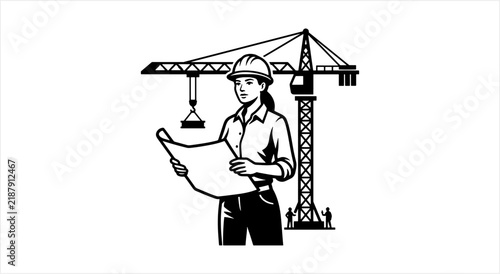 Woman architect reviewing blueprints at construction site with crane.