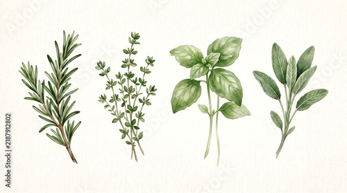 Watercolor set of fresh green culinary herbs on textured paper background