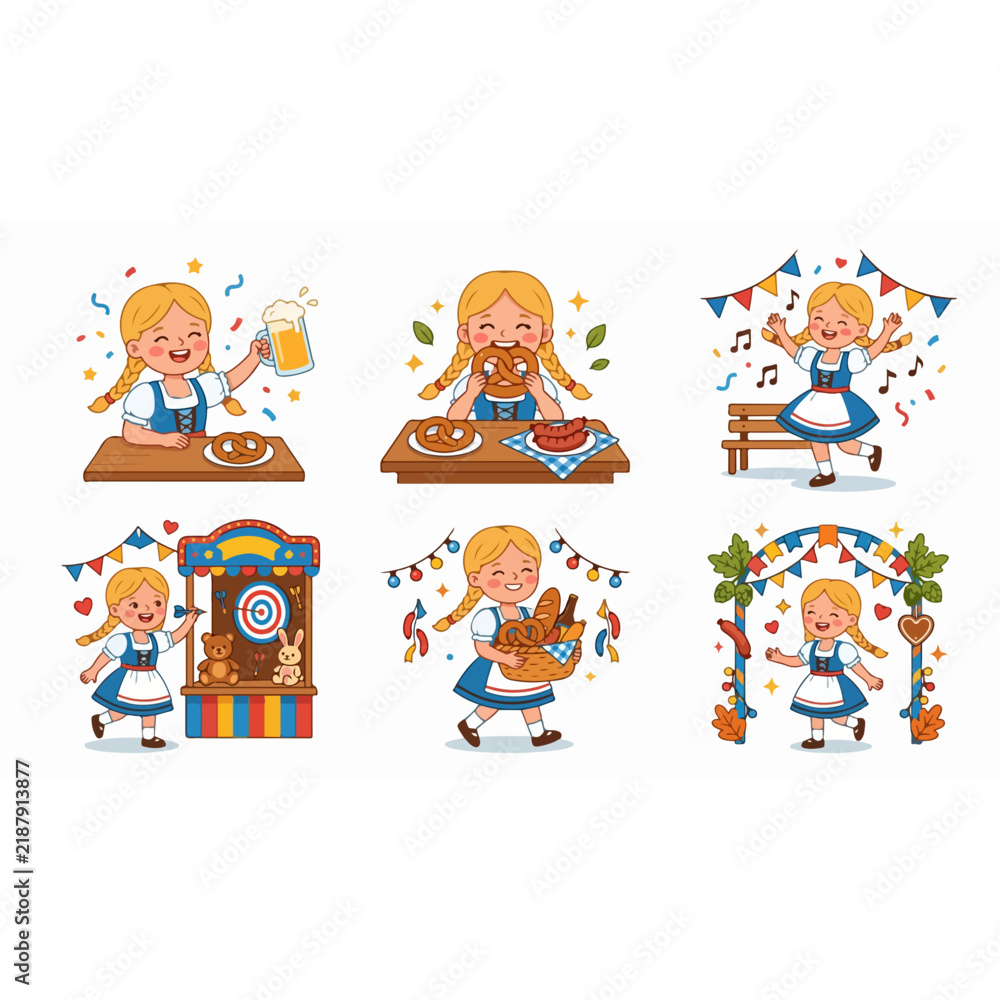 Fototapeta premium Oktoberfest girl in dirndl character set with traditional food and festive carnival activities illustration
