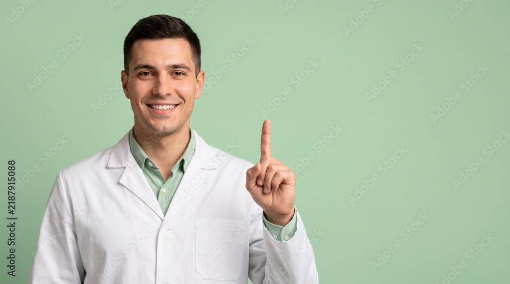 Naklejka premium Friendly male healthcare professional pointing up on green background 