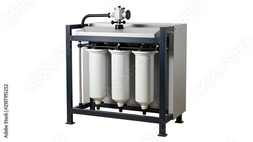 Industrial water filtration system with three white cylindrical cartridges on a metal frame.