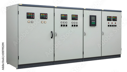 Industrial electrical control panel cabinet with digital meters and switches isolated on white background.