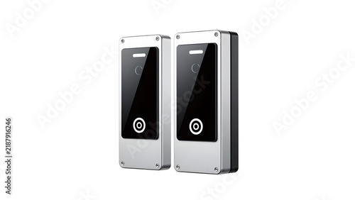 Two modern electronic access control keypads for secure building entry systems.