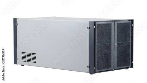 Professional server rack enclosure for data center equipment isolated on white background.