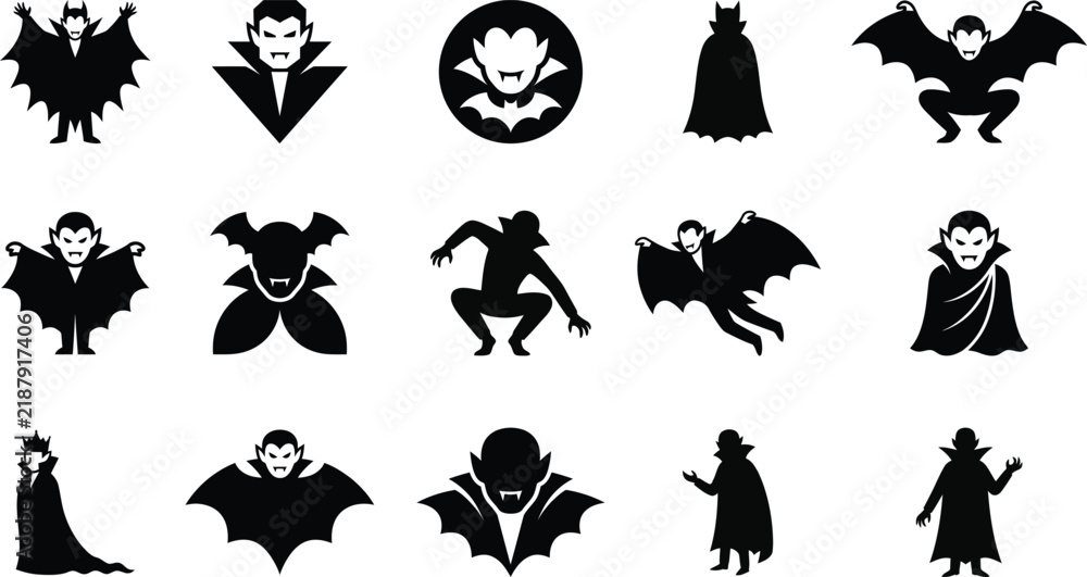 Fototapeta premium Halloween-Vampire Silhouette Collection Featuring Dracula, Bat Winged Vampires, Flying Bats, Gothic Vampire Characters, And Spooky Horror Figures