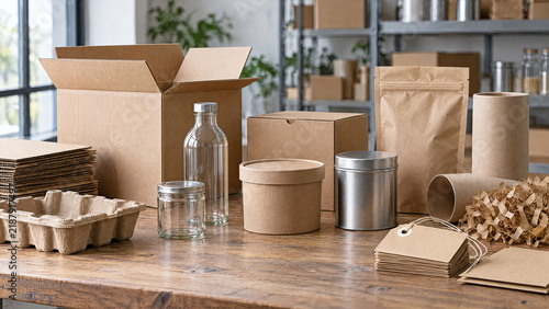 Sorted Recycling Bins With Cardboard Glass Plastic and Metal