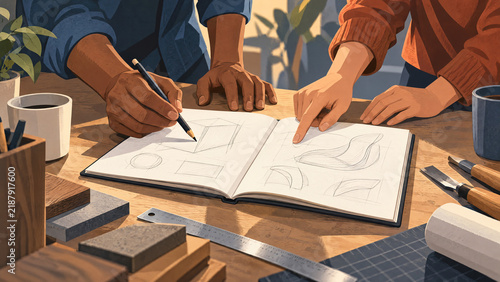Stylized Hand Duo and Notebook Graphic Editorial Illustration