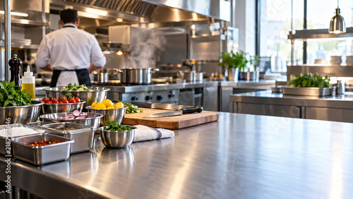 Dawn Prep Kitchen With Mise En Place and Chef From Behind